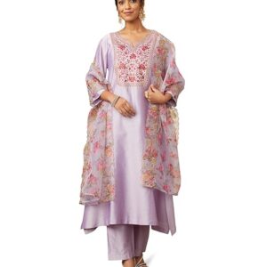 Myx Women Embroidered Kurta Set with Organza Dupatta (A-Line | Viscose Rayon)